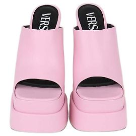 Versace Pink Leather Double Platform Mules Pink