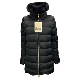 Herno Black 2022 Satin A-Shape Polar-Tech Down Coat with Fur Collar Black
