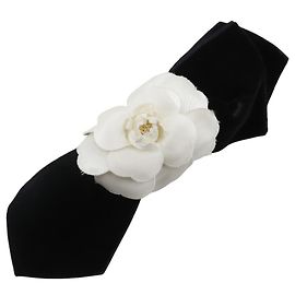 Chanel Camellia Ribbon Barrette Black White