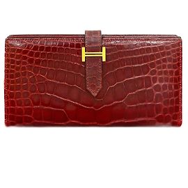 Hermès Hermes Bearn Soufflet Shiny Alligator Long Wallet Brown Bronze