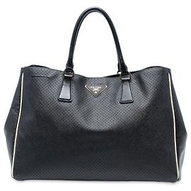 Prada Black Large Perforated Saffiano Lux Galleria Zip Tote Black
