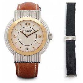 Orologio BOUCHERON SOLIS in oro 18K e acciaio con cinturino in coccodrillo struzzo D'oro