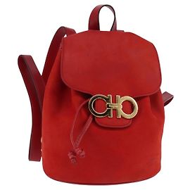 Salvatore Ferragamo Gancini Flap Drawstring Backpack Leather Mini Red