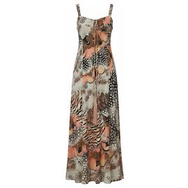 Roberto Cavalli Silk Maxi Dress Feather Print Beige Beige