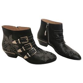 Chloé Susanna Buckle Ankle Boots Black Silver Leather Black Silvery Metallic