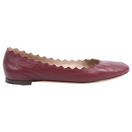 Chloé Chloe Leather Scalloped Ballet Flats in Burgundy, Size 38 Dark red