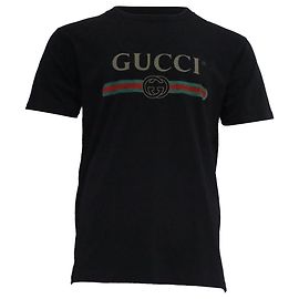 Camiseta de algodón negro con estampado de logo desgastado Gucci Negro