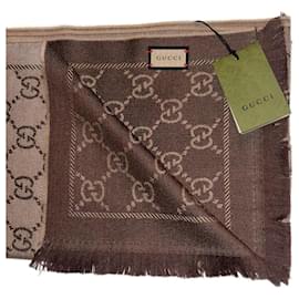 Gucci-Cachecol reversível Gucci GG em jacquard de lã - Bege / Marrom - NOVO-Marrom,Bege