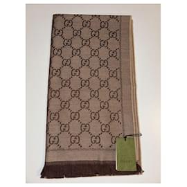 Gucci-Cachecol reversível Gucci GG em jacquard de lã - Bege / Marrom - NOVO-Marrom,Bege