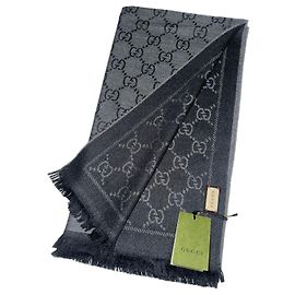 Sciarpa in cashmere GG Monogram Gucci - Grigio scuro e nero (Nuovo) Nero Grigio antracite