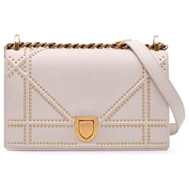 Dior-Dior White Small Lambskin Studded Diorama Flap-White,Cream