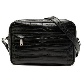 Saint Laurent Black Crocodile Embossed Leather Camp Camera Bag Black