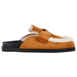 Mules Hermès Go em camurça de cabra marrom com forro de shearling Marrom Vermelho