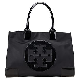 Tory Burch Logo Patent Leder Nylon Tote Bag Schwarz
