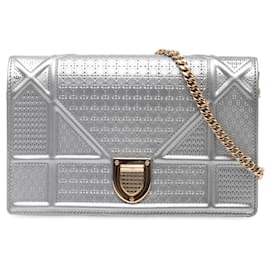Dior-Dior Silver Metallic Patent Microcannage Diorama Wallet on Chain-Silvery
