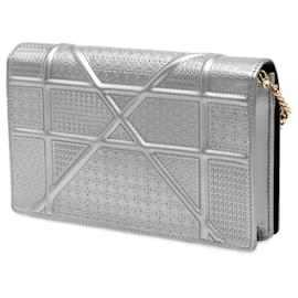 Dior-Dior Silver Metallic Patent Microcannage Diorama Wallet on Chain-Silvery