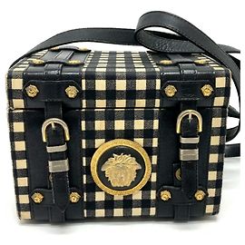 Versace Medusa Gingham Check Vintage Shoulder Bag Black White Yellow