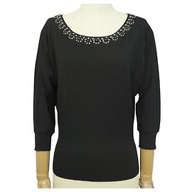 NEUF PULL CHRISTIAN DIOR COL ROND STRASS PERLES NOIRES M 40 LAINE SWEATER Noir