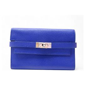 Hermès HERMES KELLY MEDIUM FOLDABLE WALLET MYSORE GOAT LEATHER BLUE Blue