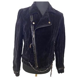 Chanel 06A Black Washed Velvet Bomber Biker Jacket Removable Chain Link Belt FR 48 Black Silvery Silver hardware