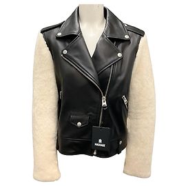 Mackage Black Baya Lambskin Leather and Shearling Biker Jacket Black