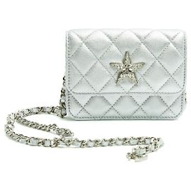 Chanel Clutch Cintura Clássica de Couro Estrela Prata Mini Bolsa na Caixa Nova Prata