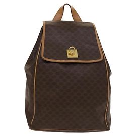 Céline Celine Vintage Drawstring Flap Backpack Macadam Coated Canvas Brown