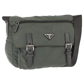 Bolsa Mensageiro com Aba de Duas Fivelas Prada Tessuto Grande Caqui