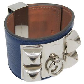Bracciale in pelle e metallo Collier de Chien di Hermès in Blu Zaffiro e Argento Argento Blu