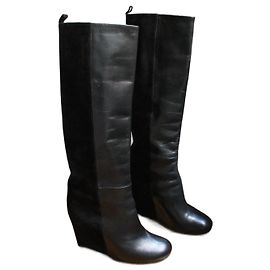 Botas de salto wedge Céline pretas de couro e camurça Preto