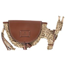 Bolsa de Ombro Anya Hindmarch Small Basket Donkey em Ráfia Marrom e Couro Marrom Vermelho