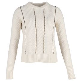 Weißer Wollpullover mit Kabelstrick und Kettenbesatz von Michael Kors Weiß Roh