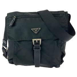Prada Nylon Leather Tessuto Logo Shoulder Bag Black