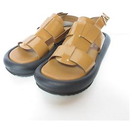 Sandales en cuir verni LANVIN en Bleu Marron Camel