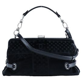 Chanel Vintage CC Side Belted Bowler Bag Check Embossed Velvet Medium Black
