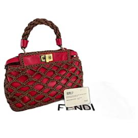 Fendi Peekaboo Iconic Mini Ricamo Rete Rot Authentisch - Geflochtenes Nappa-Leder - Braun Rot Hellbraun Karamell Kamel