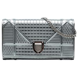 Dior-Dior Silver Metallic Patent Microcannage Diorama Wallet on Chain-Silvery