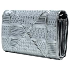 Dior-Dior Silver Metallic Patent Microcannage Diorama Wallet on Chain-Silvery