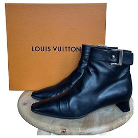 Louis Vuitton Black Leather Ankle Boots with LV Buckle Black