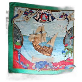 Lenço de seda Hermès Christophe Colomb em verde Multicor