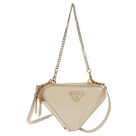 Prada Triangle Double Zip Pouch Bag with Chain Patent leather Beige