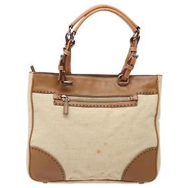 Prada Vintage Tote Conversível em Lona e Couro Bege