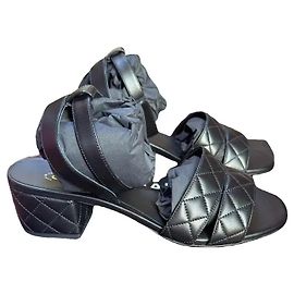 Chanel Leather Checkered Sandals Black Black