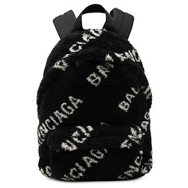 Schwarzer kleiner Rucksack aus Kunstfell mit diagonalem Balenciaga-Logo Schwarz