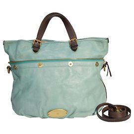 Bolsa Tote Mitzy Mulberry em couro azul aqua com alças marrons e alça removível Azul