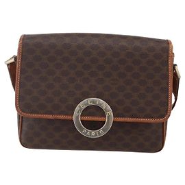 Céline Bolsa de Ombro Celine Vintage Macadam com Logo Circular em Lona e Couro Marrom