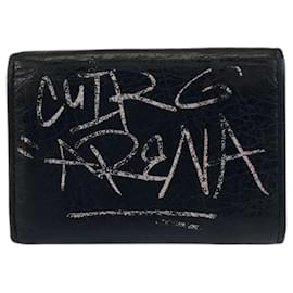 Balenciaga-Carteira dobrável mini em couro preto Graffiti da Balenciaga-Preto