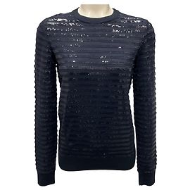 Michael Kors Collection Midnight Striped Sequined Merino Wool Sweater Navy blue