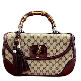 Bolsa Gucci de couro e tecido marrom com alça de bambu Marrom