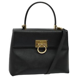 Salvatore Ferragamo Gancini Convertible Top Handle Bag Leather Medium Black